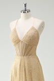 Sparkly V-Neck Golden Corset Long Prom Dress with Slit