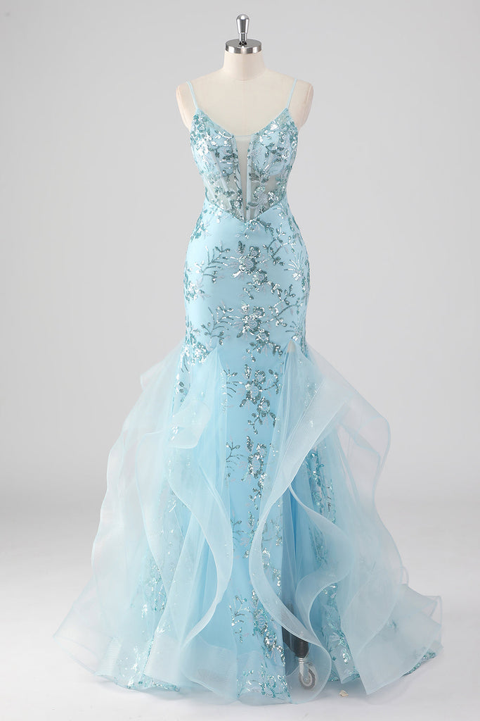 Sky Blue Sweetheart Corset Prom Dress with Sequins