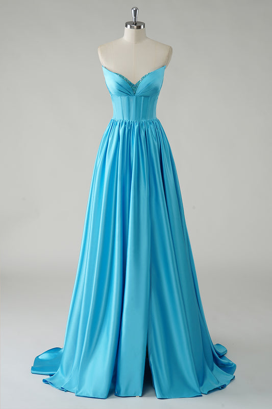 Blue Satin A Line Corset Prom Dress with Slit