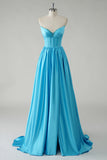 Blue Satin A Line Corset Prom Dress with Slit
