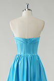 Blue Satin A Line Corset Prom Dress with Slit