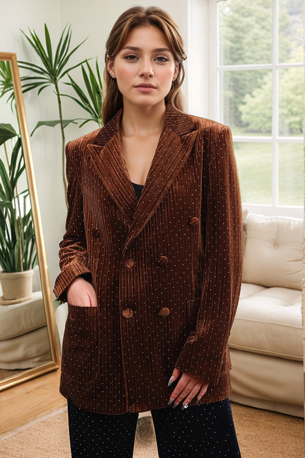 Velvet Coffee Peak Lapel Single Breasted Women's Blazer