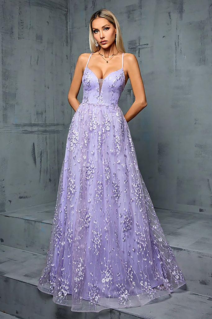 Zapakasa Women Light Purple Prom Dress A Line Spaghetti Straps Floral