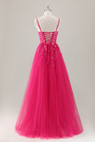 Sparkly Fuchsia Appliqued A-Line Long Prom Dress with Slit