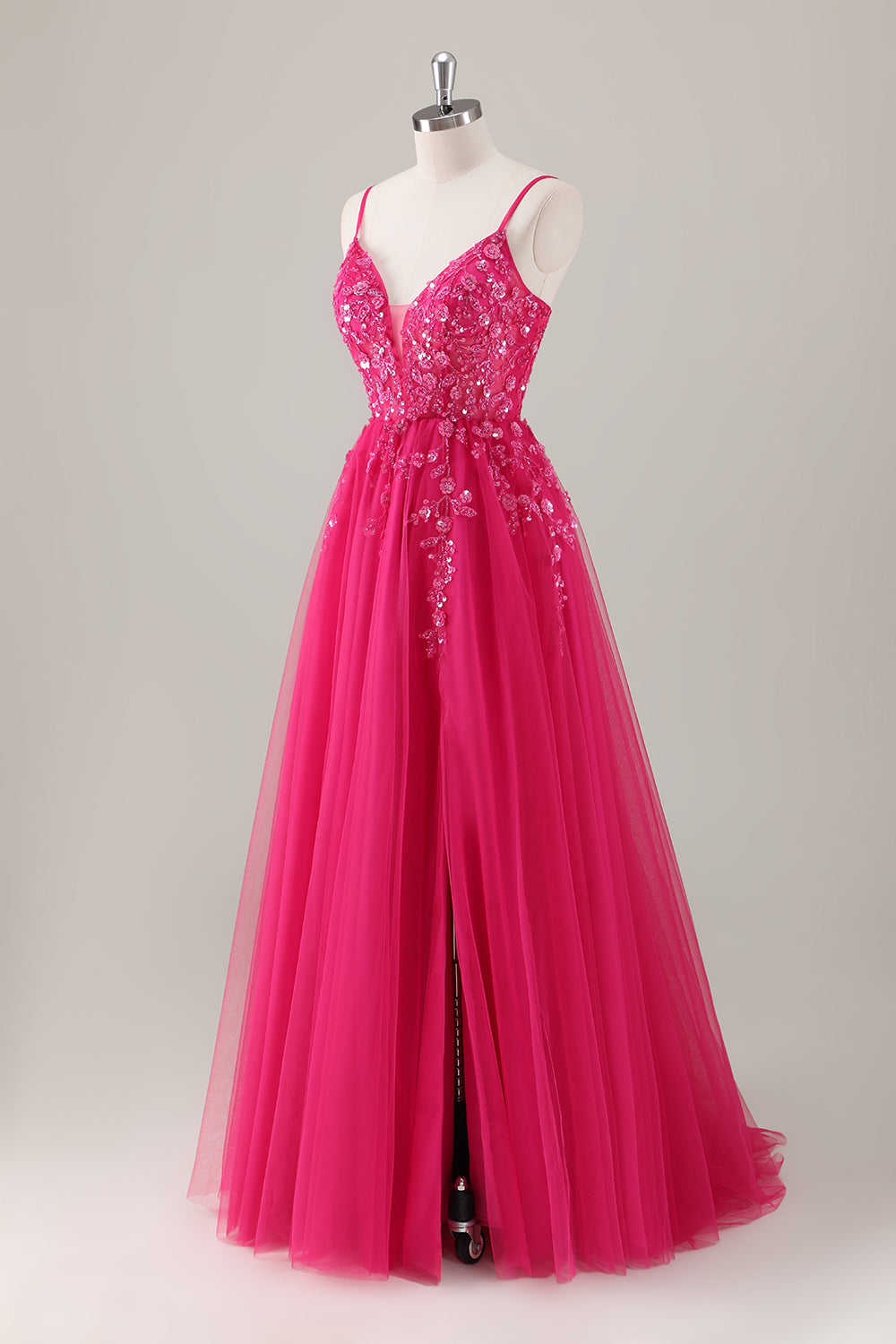 Sparkly Fuchsia Appliqued A-Line Long Prom Dress with Slit