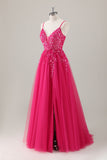 Sparkly Fuchsia Appliqued A-Line Long Prom Dress with Slit