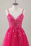 Sparkly Fuchsia Appliqued A-Line Long Prom Dress with Slit
