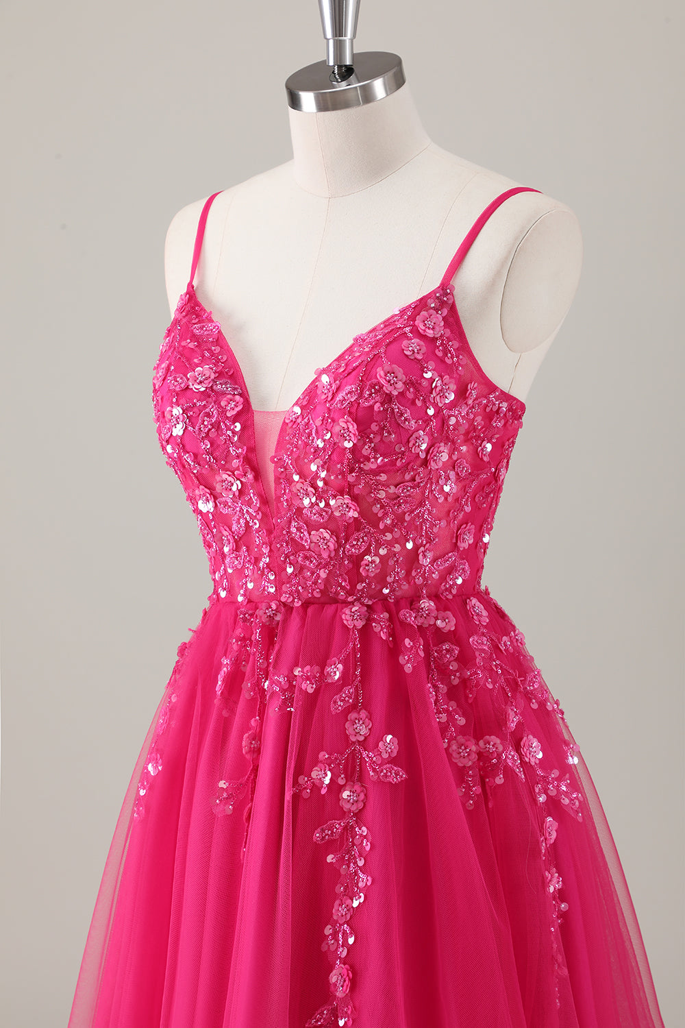 Sparkly Fuchsia Appliqued A-Line Long Prom Dress with Slit