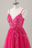 Sparkly Fuchsia Appliqued A-Line Long Prom Dress with Slit