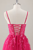Sparkly Fuchsia Appliqued A-Line Long Prom Dress with Slit