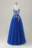 Sparkly Fuchsia Appliqued A-Line Long Prom Dress with Slit
