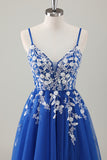 Sparkly Fuchsia Appliqued A-Line Long Prom Dress with Slit