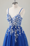Sparkly Fuchsia Appliqued A-Line Long Prom Dress with Slit