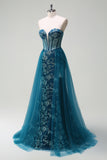Sparkly Peacock Blue Corset Floral Long Prom Dress