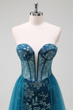 Sparkly Peacock Blue Corset Floral Long Prom Dress