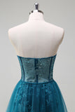 Sparkly Peacock Blue Corset Floral Long Prom Dress