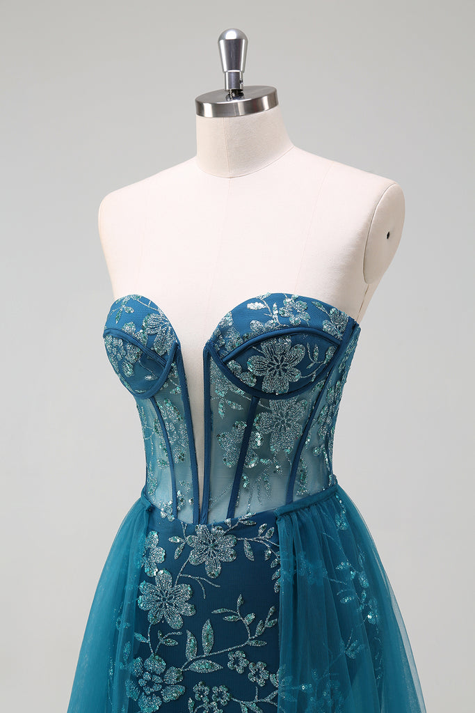 Peacock Blue Ruched Long Ball Dress
