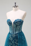 Sparkly Peacock Blue Corset Floral Long Prom Dress