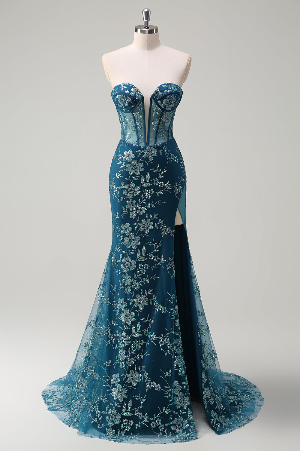 Sparkly Peacock Blue Corset Floral Long Prom Dress