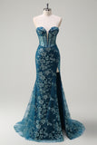 Sparkly Peacock Blue Corset Floral Long Prom Dress