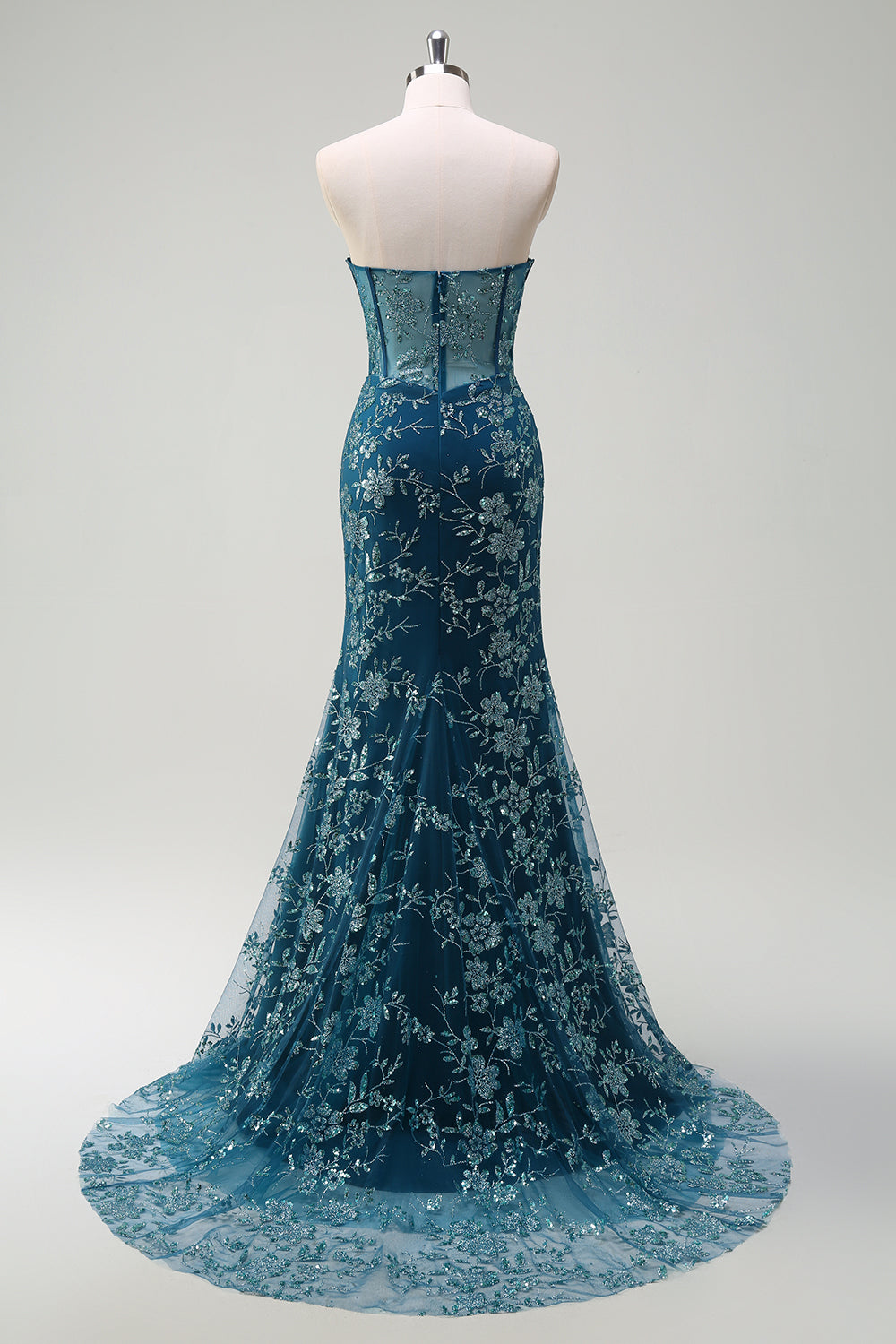 Sparkly Peacock Blue Corset Floral Long Prom Dress