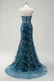 Sparkly Peacock Blue Corset Floral Long Prom Dress