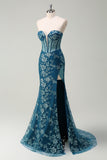 Sparkly Peacock Blue Corset Floral Long Prom Dress