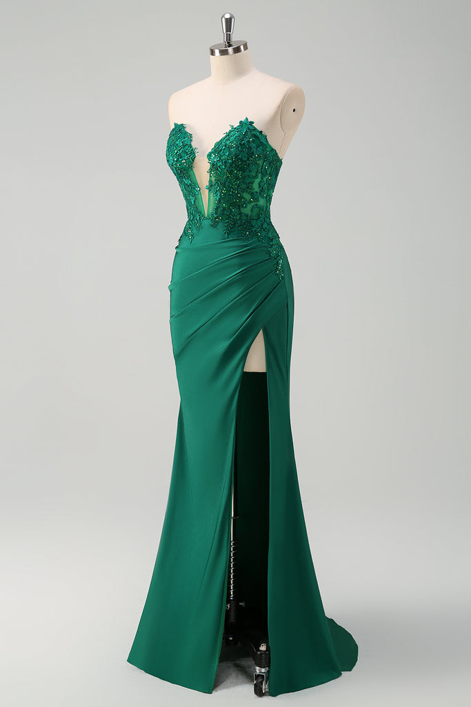 Gorgeous Green Satin Chiffon Appliques Evening Dress Mermaid Long Prom Dress Y8367 main image 1