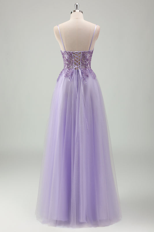 Sparkly Purple Spaghetti Strap Long Prom Dress with Lace