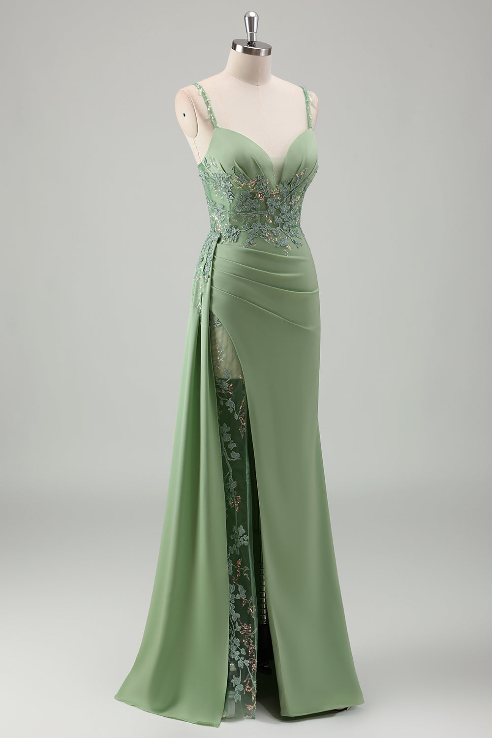Zapakasa Women Spaghetti Straps Light Green Lace Long Prom Dress with Slit Sheath Sequined Evening Dress Zapakasa Women Spaghetti Straps Light Green Lace Long Prom Dress with Slit Sheath Sequined Evening Dress