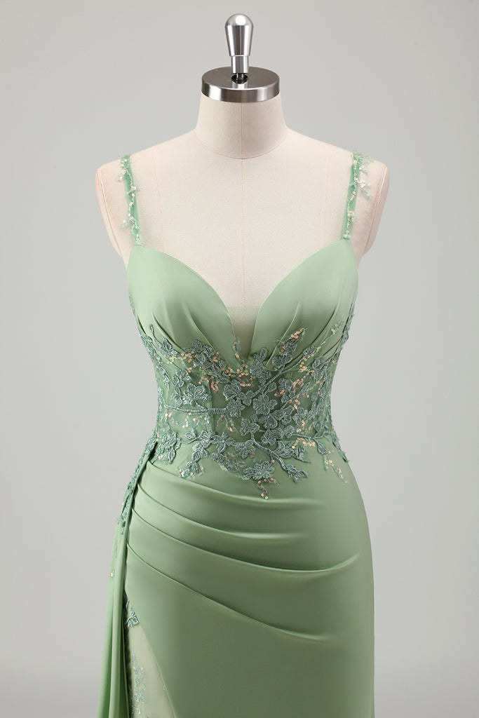 Ivory Lace Spaghetti Strap Front Slit Dress Dark Green