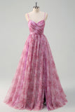 A Line Pinkish Purple Spaghetti Straps Floral Prom Dress with Slit