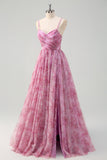 A Line Pinkish Purple Spaghetti Straps Floral Prom Dress with Slit