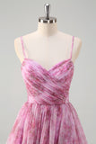 A Line Pinkish Purple Spaghetti Straps Floral Prom Dress with Slit