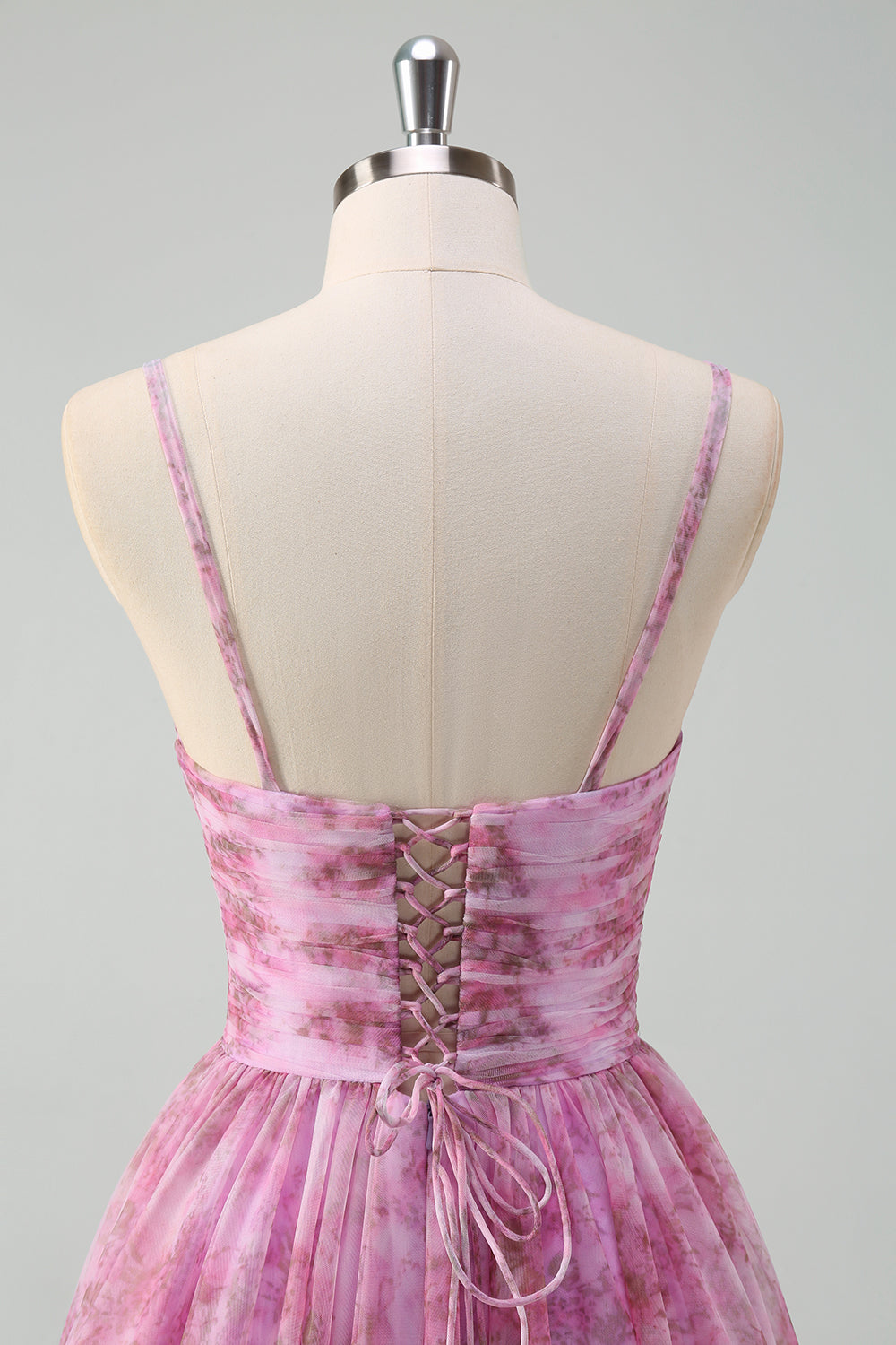 A Line Pinkish Purple Spaghetti Straps Floral Prom Dress with Slit