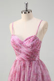 A Line Pinkish Purple Spaghetti Straps Floral Prom Dress with Slit