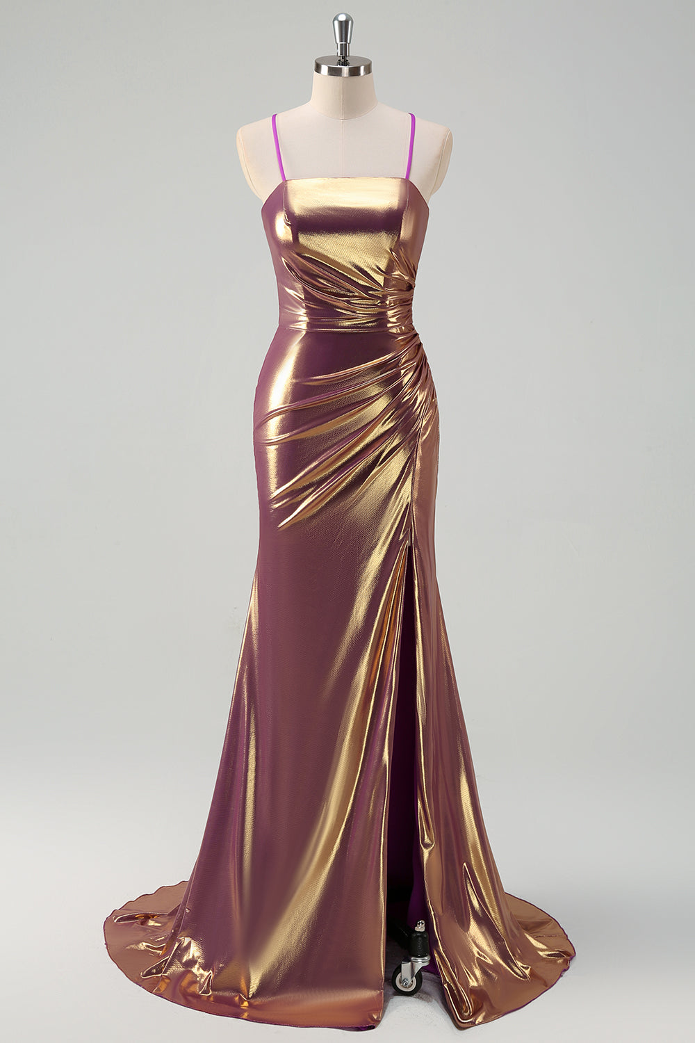 Golden Spaghetti Straps Long Prom Dress with Slit