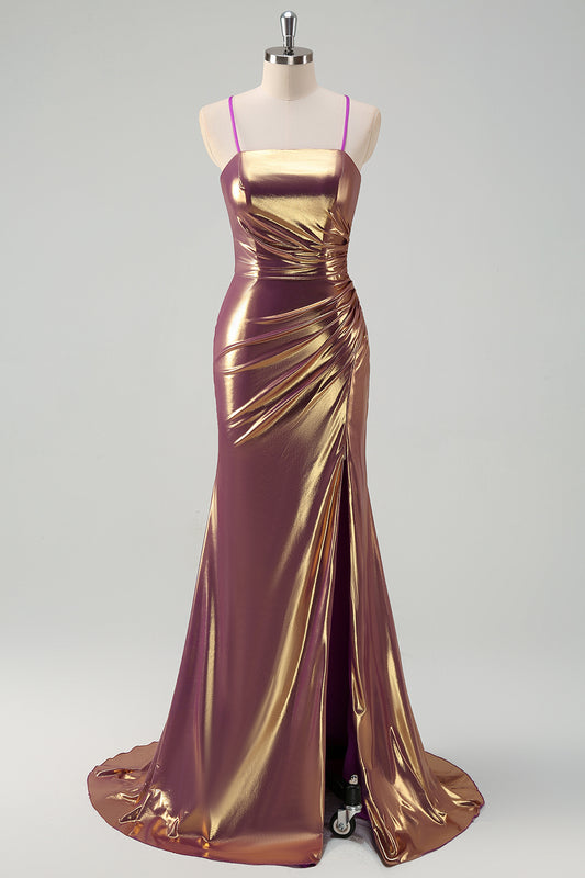 Golden Spaghetti Straps Long Prom Dress with Slit