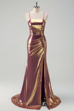 Golden Spaghetti Straps Long Prom Dress with Slit