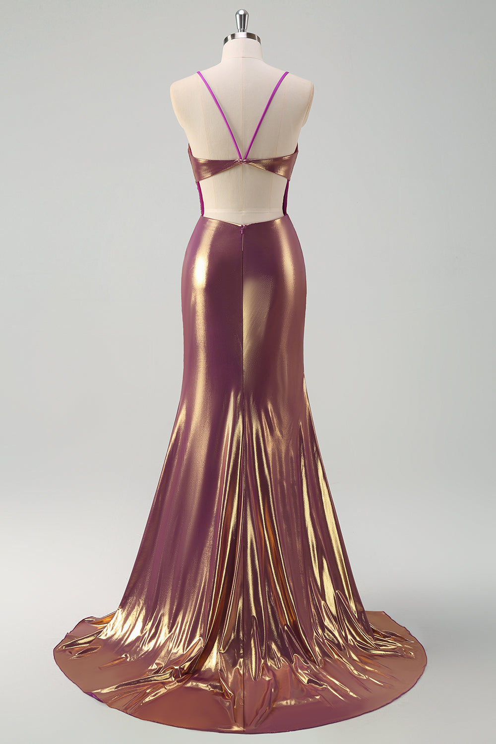 Golden Spaghetti Straps Long Prom Dress with Slit
