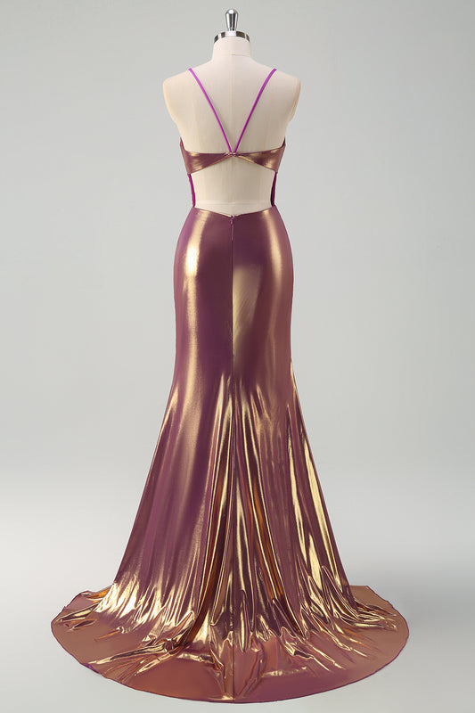 Golden Spaghetti Straps Long Prom Dress with Slit
