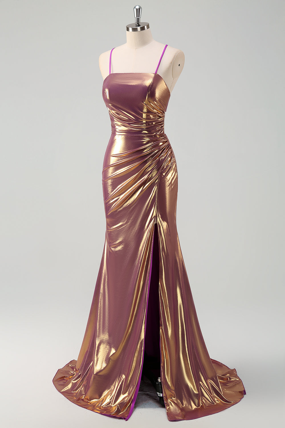 Golden Spaghetti Straps Long Prom Dress with Slit