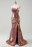 Golden Spaghetti Straps Long Prom Dress with Slit