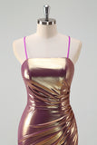 Golden Spaghetti Straps Long Prom Dress with Slit