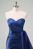 Dark Blue Mermaid Sweetheart Satin Prom Dress with Bow