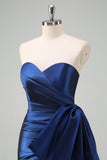 Dark Blue Mermaid Sweetheart Satin Prom Dress with Bow