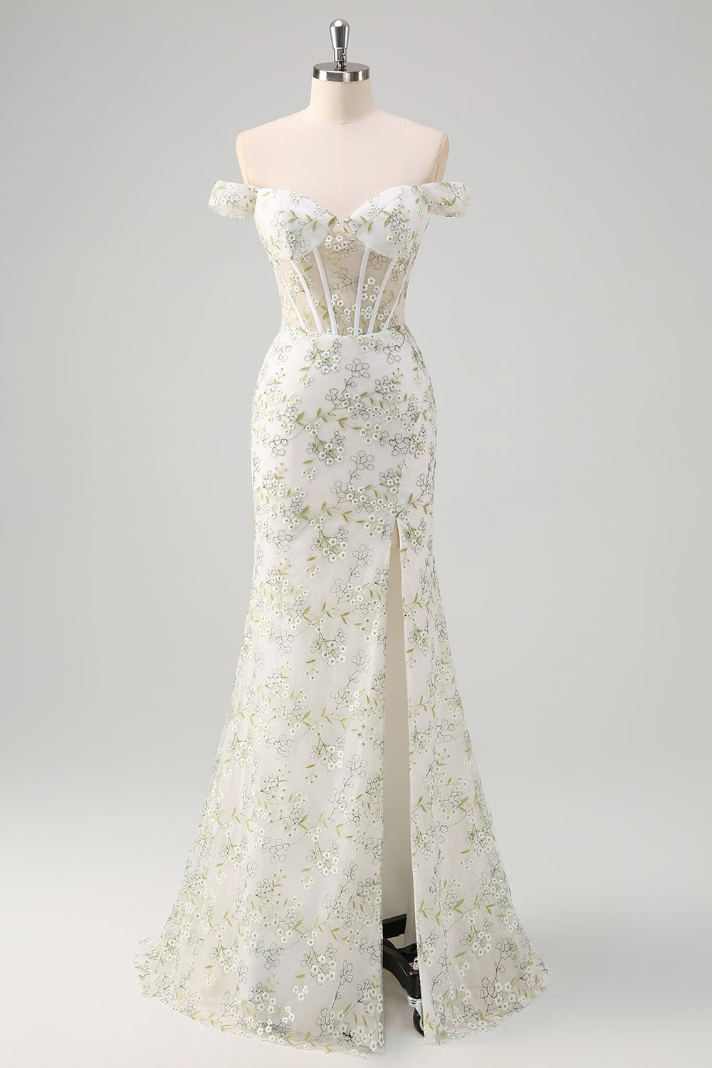 Light Green Floral Mermaid Off The Shoulder Prom Dress with Slit
