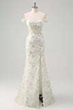 Light Green Floral Mermaid Off The Shoulder Prom Dress with Slit