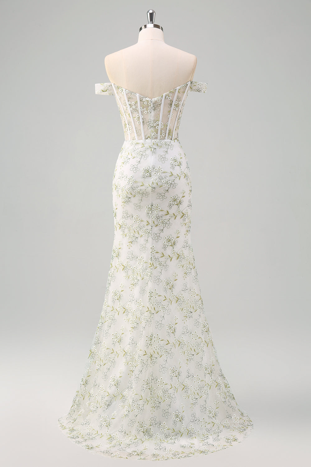 Light Green Floral Mermaid Off The Shoulder Prom Dress with Slit