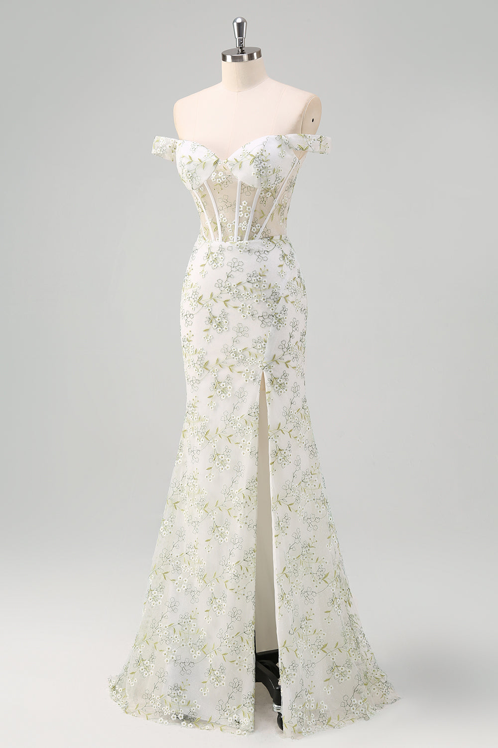 Light Green Floral Mermaid Off The Shoulder Prom Dress with Slit